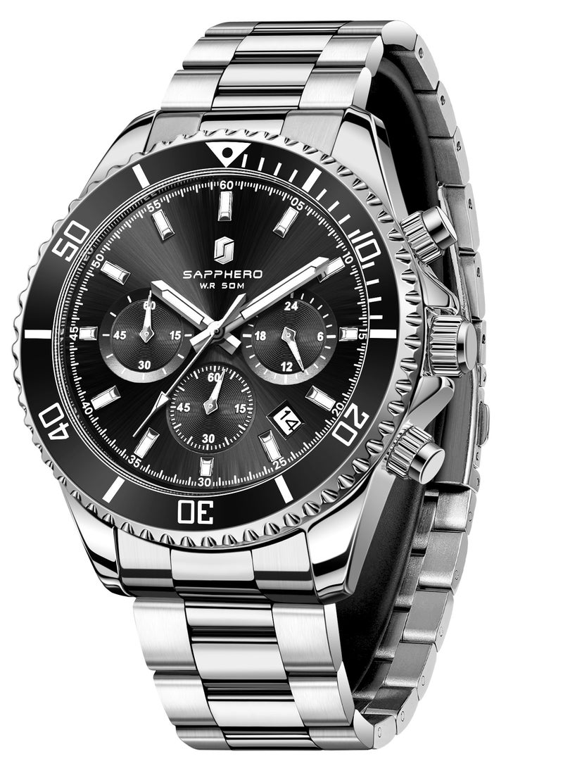 سافيرو ساعة سابفيرو كرونوغراف رجالية من الفولاذ المقاوم للصدأ، مقاومة للماء حتى عمق 50 مترًا، ساعة كوارتز تناظرية مع عرض التاريخ، ساعة كلاسيكية فاخرة وأنيقة، هدية مثالية للرجال. - Image 1